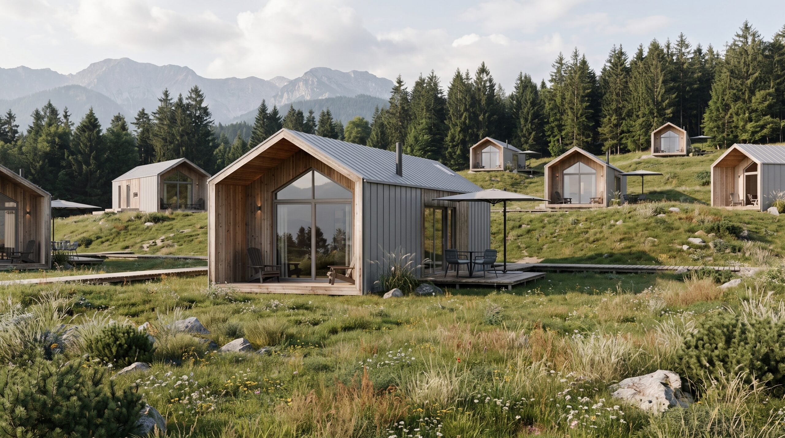 NEST Modulhaus mit Holzfassade und Terrasse